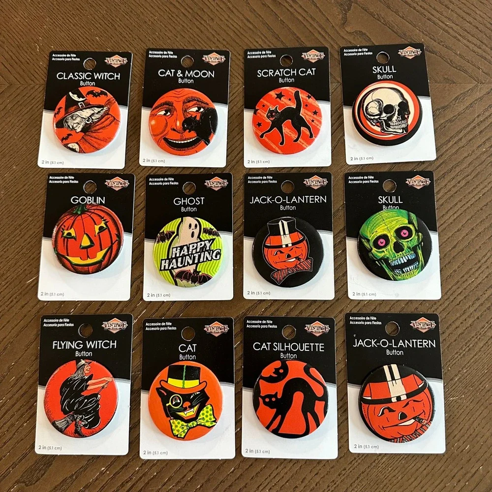 Beistle Halloween Button Pin Lot 12pc Retro Witch Cat Skull Ghost 2in